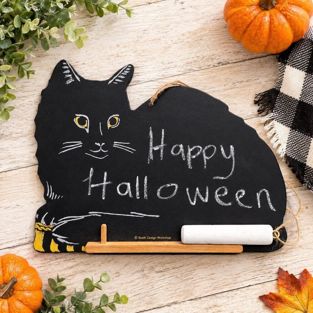 Cat Chalkboard Message Board Wood Plaque Blackboard Wall Decor Halloween Witch